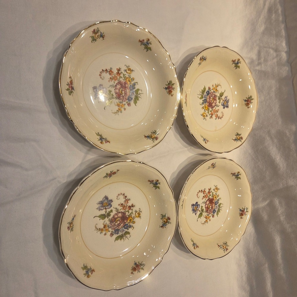 Edwin M Knowles China Co Semi Vitreous Floral Soup Bowls Gold Trim Set of 4 48 2